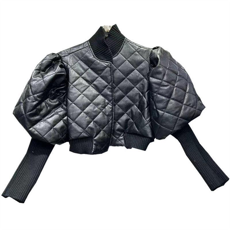 Quilted gray jacket with puff sleeves on a white background