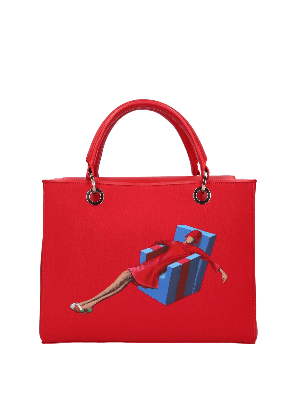  Hand-painted handbag with artwork on both front and back, featuring a red cotton logoed interior with four functional pockets, nickel-colored hooks and internal zip, double red leather handle, and a matching hand-painted leather and canvas shoulder strap that reflects the main painting’s theme, secured with a magnetic button closure.