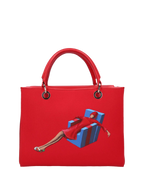  Hand-painted handbag with artwork on both front and back, featuring a red cotton logoed interior with four functional pockets, nickel-colored hooks and internal zip, double red leather handle, and a matching hand-painted leather and canvas shoulder strap that reflects the main painting’s theme, secured with a magnetic button closure.