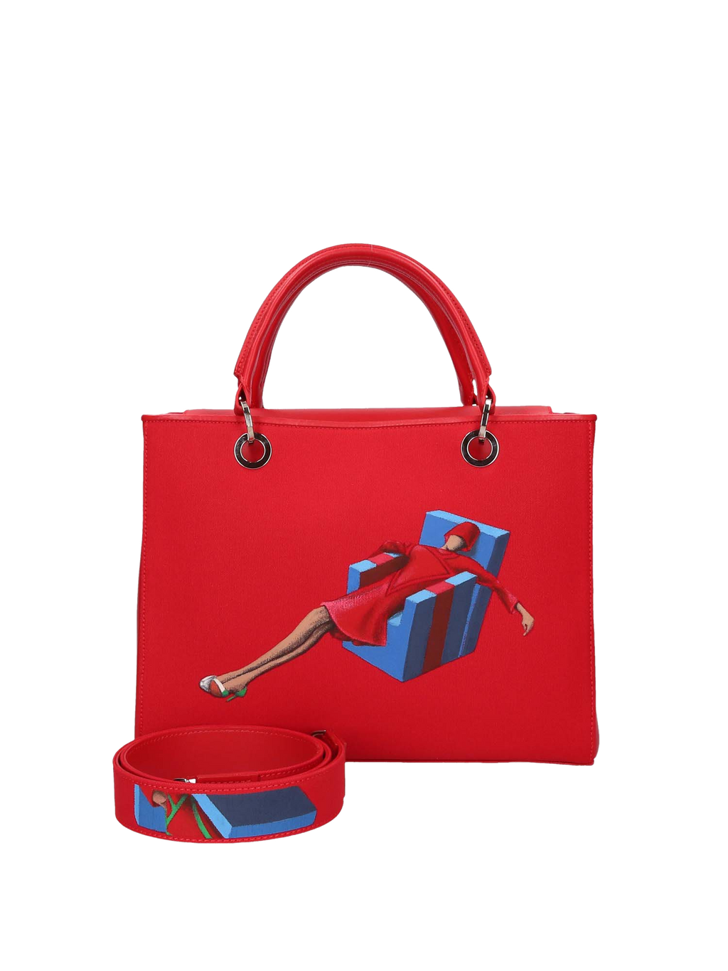  Hand-painted handbag with artwork on both front and back, featuring a red cotton logoed interior with four functional pockets, nickel-colored hooks and internal zip, double red leather handle, and a matching hand-painted leather and canvas shoulder strap that reflects the main painting’s theme, secured with a magnetic button closure.