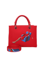  Hand-painted handbag with artwork on both front and back, featuring a red cotton logoed interior with four functional pockets, nickel-colored hooks and internal zip, double red leather handle, and a matching hand-painted leather and canvas shoulder strap that reflects the main painting’s theme, secured with a magnetic button closure.