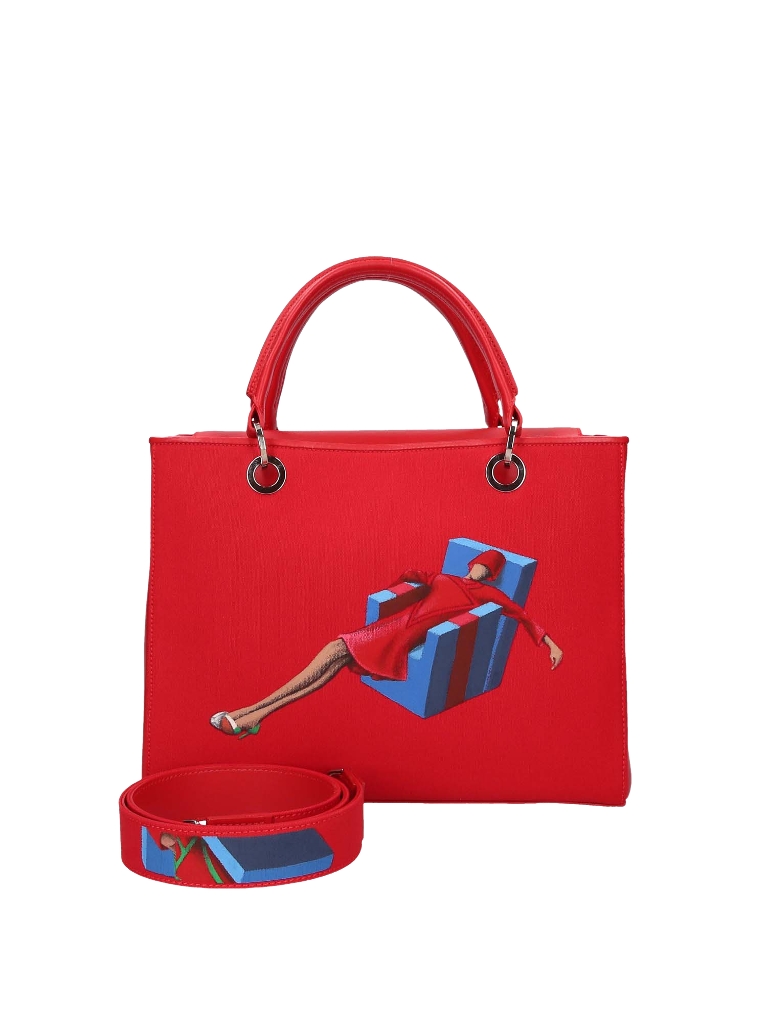  Hand-painted handbag with artwork on both front and back, featuring a red cotton logoed interior with four functional pockets, nickel-colored hooks and internal zip, double red leather handle, and a matching hand-painted leather and canvas shoulder strap that reflects the main painting’s theme, secured with a magnetic button closure.