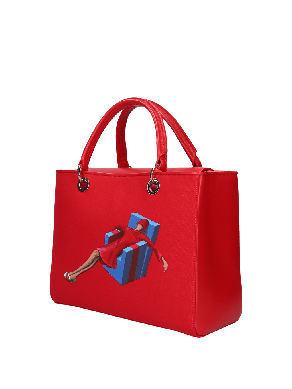  Hand-painted handbag with artwork on both front and back, featuring a red cotton logoed interior with four functional pockets, nickel-colored hooks and internal zip, double red leather handle, and a matching hand-painted leather and canvas shoulder strap that reflects the main painting’s theme, secured with a magnetic button closure.