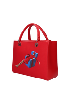  Hand-painted handbag with artwork on both front and back, featuring a red cotton logoed interior with four functional pockets, nickel-colored hooks and internal zip, double red leather handle, and a matching hand-painted leather and canvas shoulder strap that reflects the main painting’s theme, secured with a magnetic button closure.