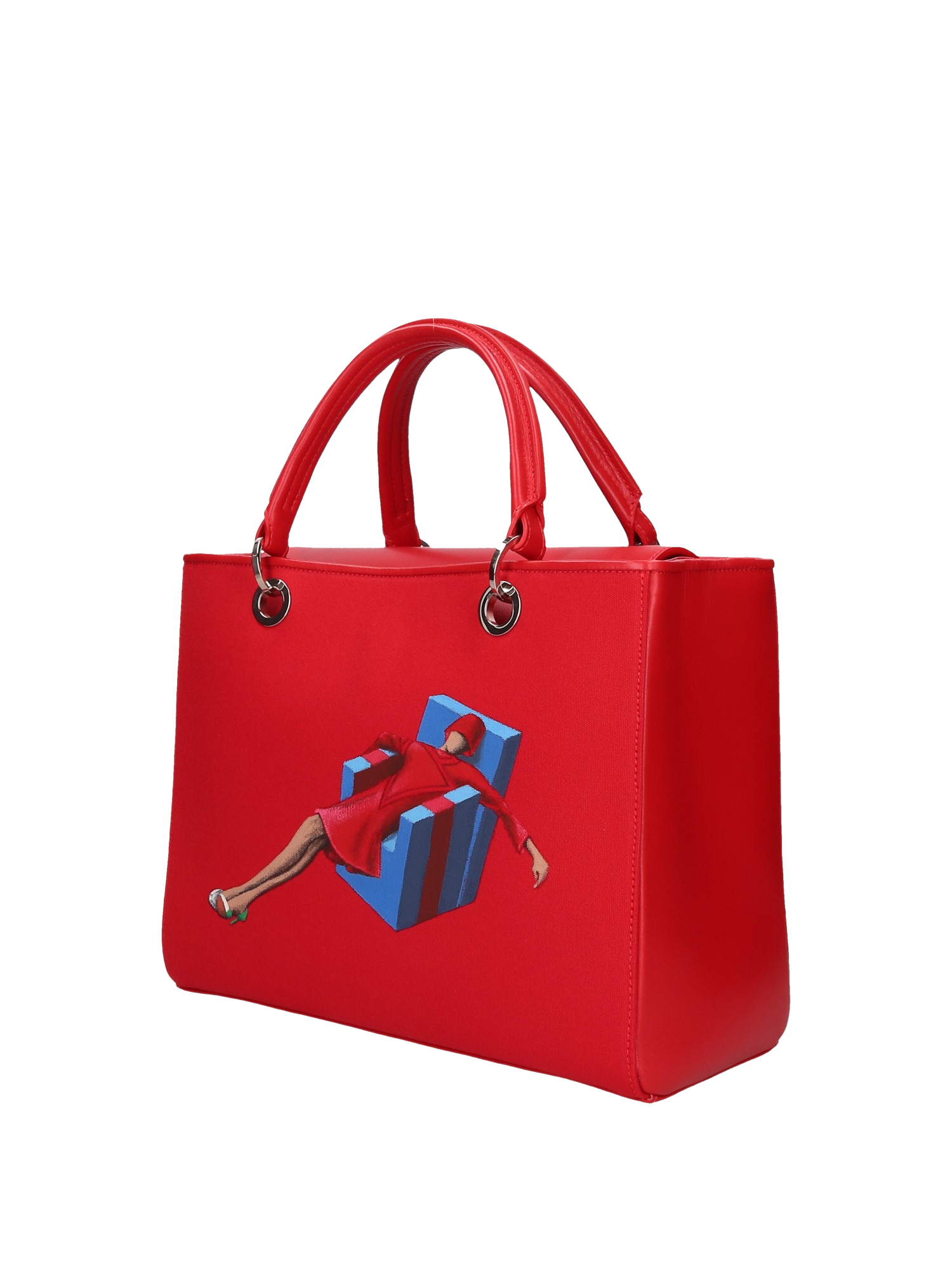  Hand-painted handbag with artwork on both front and back, featuring a red cotton logoed interior with four functional pockets, nickel-colored hooks and internal zip, double red leather handle, and a matching hand-painted leather and canvas shoulder strap that reflects the main painting’s theme, secured with a magnetic button closure.