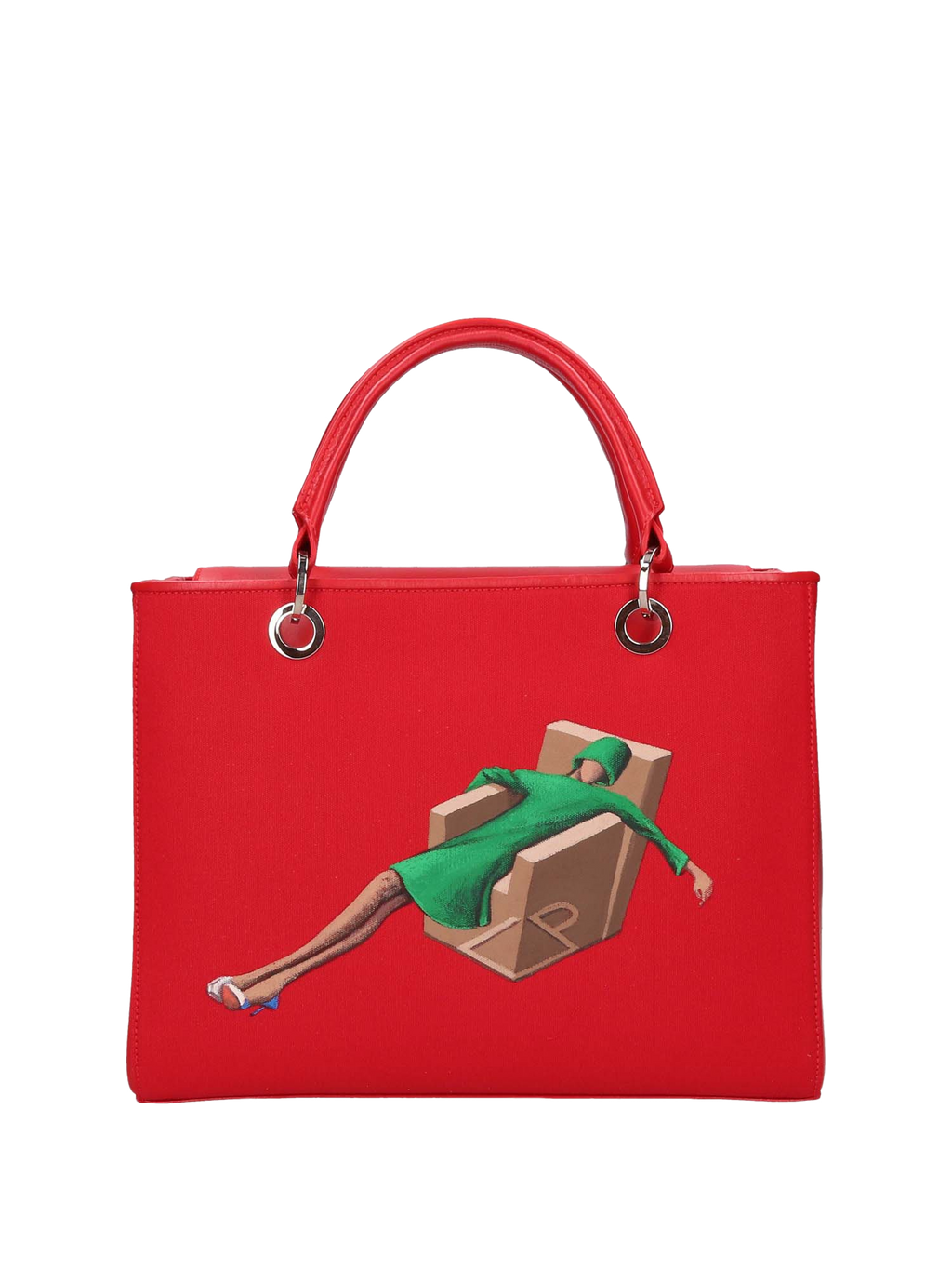  Hand-painted handbag with artwork on both front and back, featuring a red cotton logoed interior with four functional pockets, nickel-colored hooks and internal zip, double red leather handle, and a matching hand-painted leather and canvas shoulder strap that reflects the main painting’s theme, secured with a magnetic button closure.