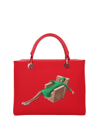 Hand-painted handbag with artwork on both front and back, featuring a red cotton logoed interior with four functional pockets, nickel-colored hooks and internal zip, double red leather handle, and a matching hand-painted leather and canvas shoulder strap that reflects the main painting’s theme, secured with a magnetic button closure.