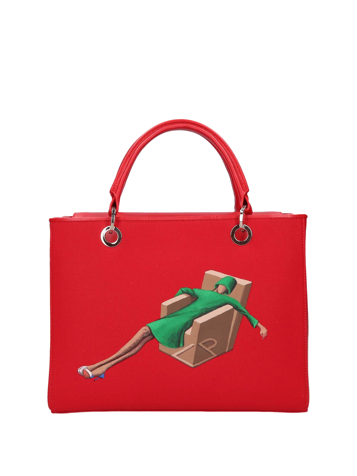  Hand-painted handbag with artwork on both front and back, featuring a red cotton logoed interior with four functional pockets, nickel-colored hooks and internal zip, double red leather handle, and a matching hand-painted leather and canvas shoulder strap that reflects the main painting’s theme, secured with a magnetic button closure.