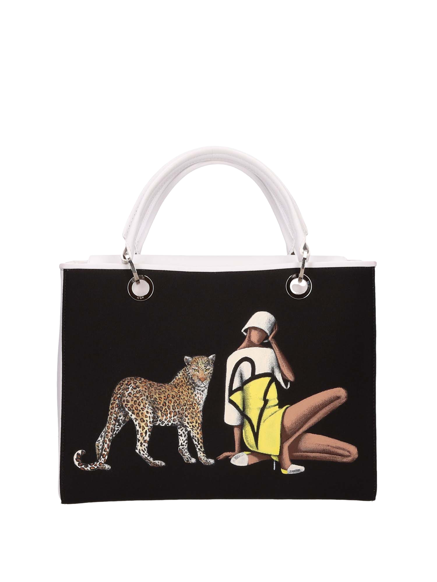Hand-painted handbag with artwork on both front and back, featuring a red cotton logoed interior with four functional pockets, nickel-colored hooks and internal zip, double white leather handle, and a matching hand-painted leather and canvas shoulder strap echoing the main painting’s theme, secured with a magnetic button closure.