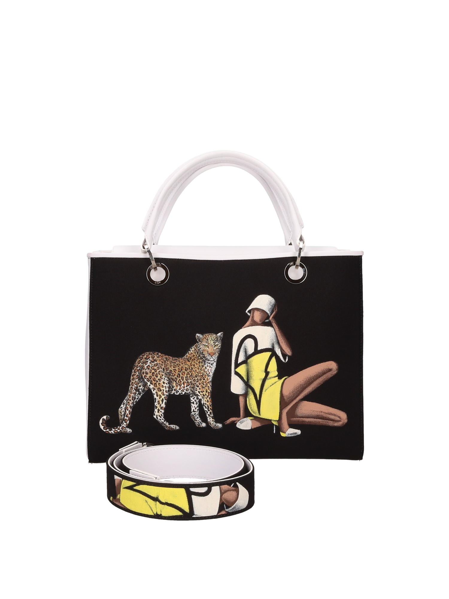 Hand-painted handbag with artwork on both front and back, featuring a red cotton logoed interior with four functional pockets, nickel-colored hooks and internal zip, double white leather handle, and a matching hand-painted leather and canvas shoulder strap echoing the main painting’s theme, secured with a magnetic button closure.