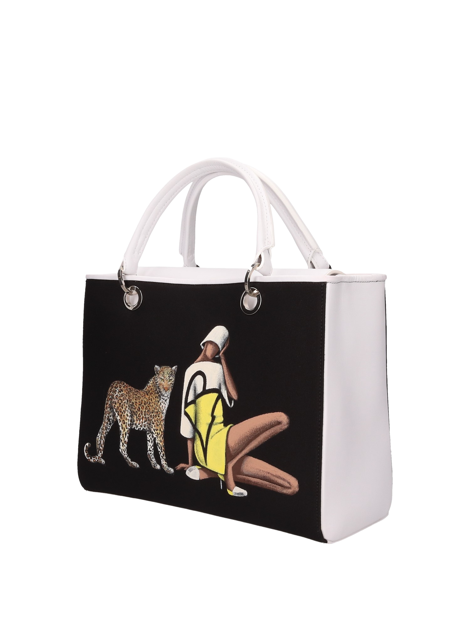 Hand-painted handbag with artwork on both front and back, featuring a red cotton logoed interior with four functional pockets, nickel-colored hooks and internal zip, double white leather handle, and a matching hand-painted leather and canvas shoulder strap echoing the main painting’s theme, secured with a magnetic button closure.