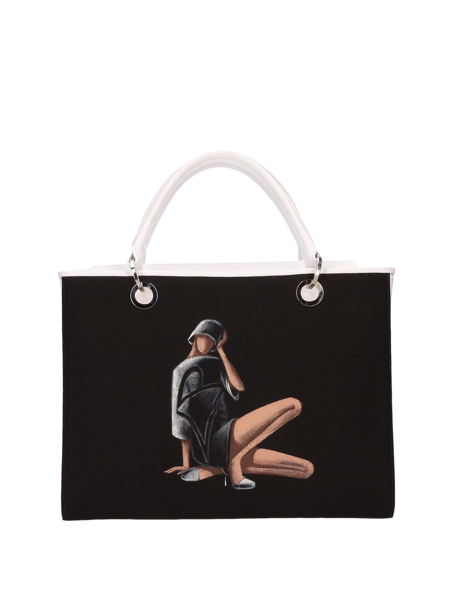 Hand-painted handbag with artwork on both front and back, featuring a red cotton logoed interior with four functional pockets, nickel-colored hooks and internal zip, double white leather handle, and a matching hand-painted leather and canvas shoulder strap echoing the main painting’s theme, secured with a magnetic button closure.