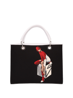 Hand-painted handbag with artwork on both front and back, red cotton logoed interior featuring four functional pockets, nickel-colored hooks and internal zip, double white leather handle, and a matching hand-painted leather and canvas shoulder strap reflecting the theme of the main painting, secured with a magnetic button closure.
