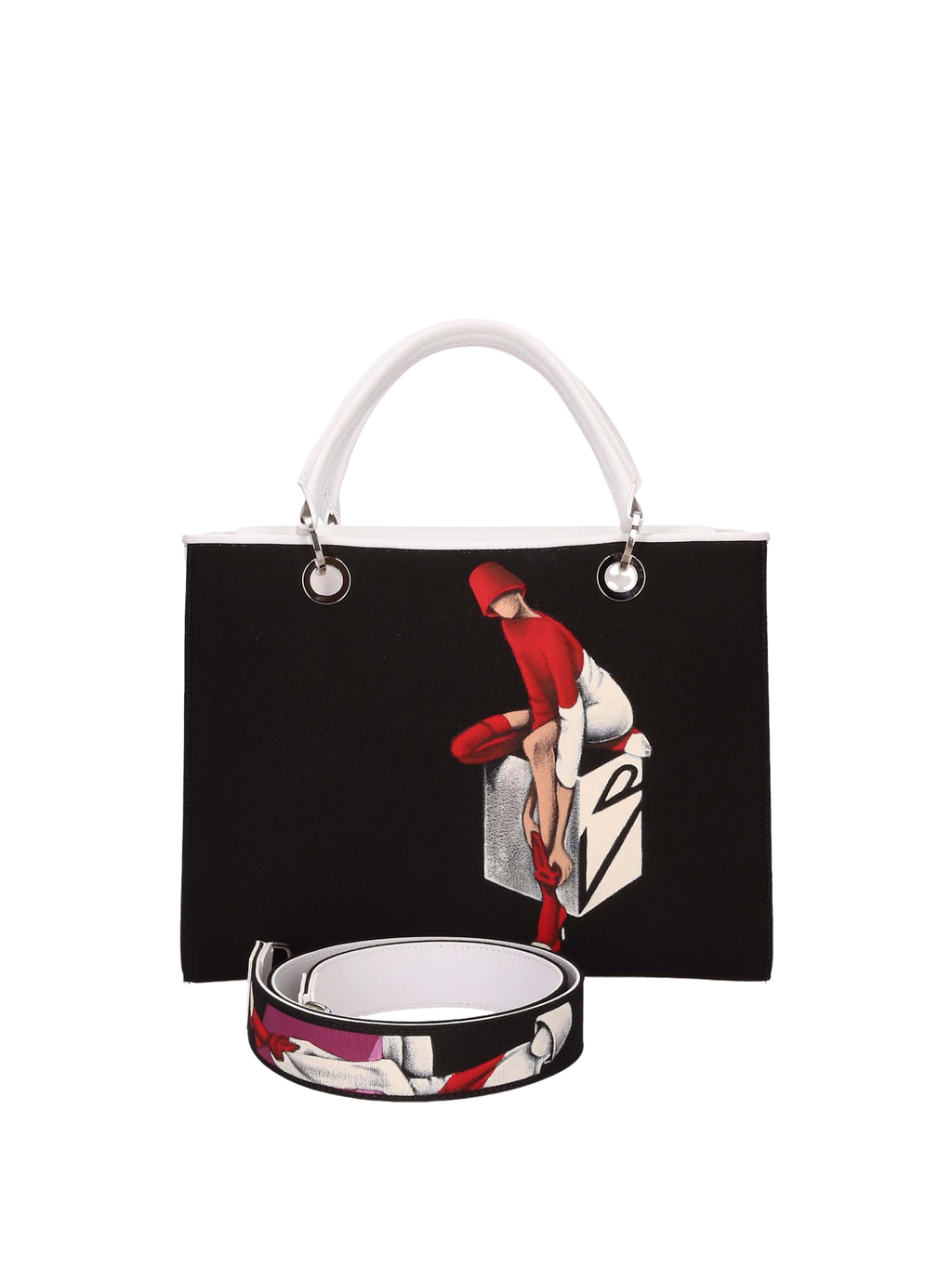 Hand-painted handbag with artwork on both front and back, red cotton logoed interior featuring four functional pockets, nickel-colored hooks and internal zip, double white leather handle, and a matching hand-painted leather and canvas shoulder strap reflecting the theme of the main painting, secured with a magnetic button closure.