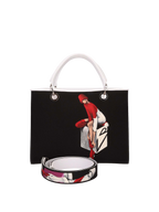Hand-painted handbag with artwork on both front and back, red cotton logoed interior featuring four functional pockets, nickel-colored hooks and internal zip, double white leather handle, and a matching hand-painted leather and canvas shoulder strap reflecting the theme of the main painting, secured with a magnetic button closure.