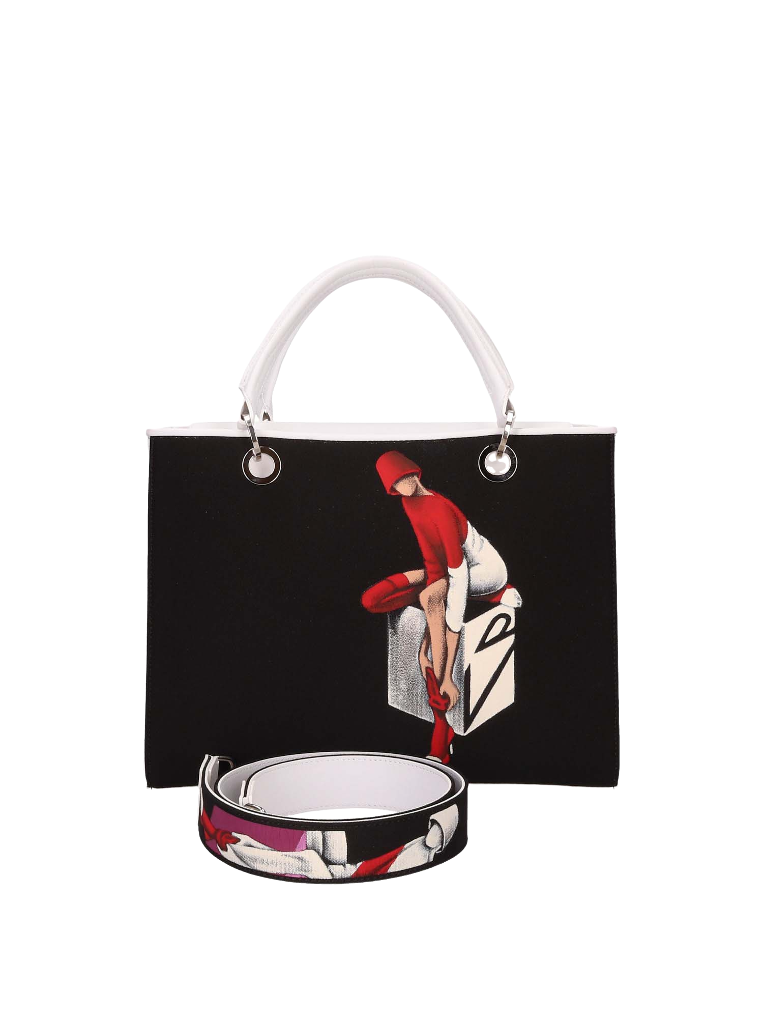 Hand-painted handbag with artwork on both front and back, red cotton logoed interior featuring four functional pockets, nickel-colored hooks and internal zip, double white leather handle, and a matching hand-painted leather and canvas shoulder strap reflecting the theme of the main painting, secured with a magnetic button closure.