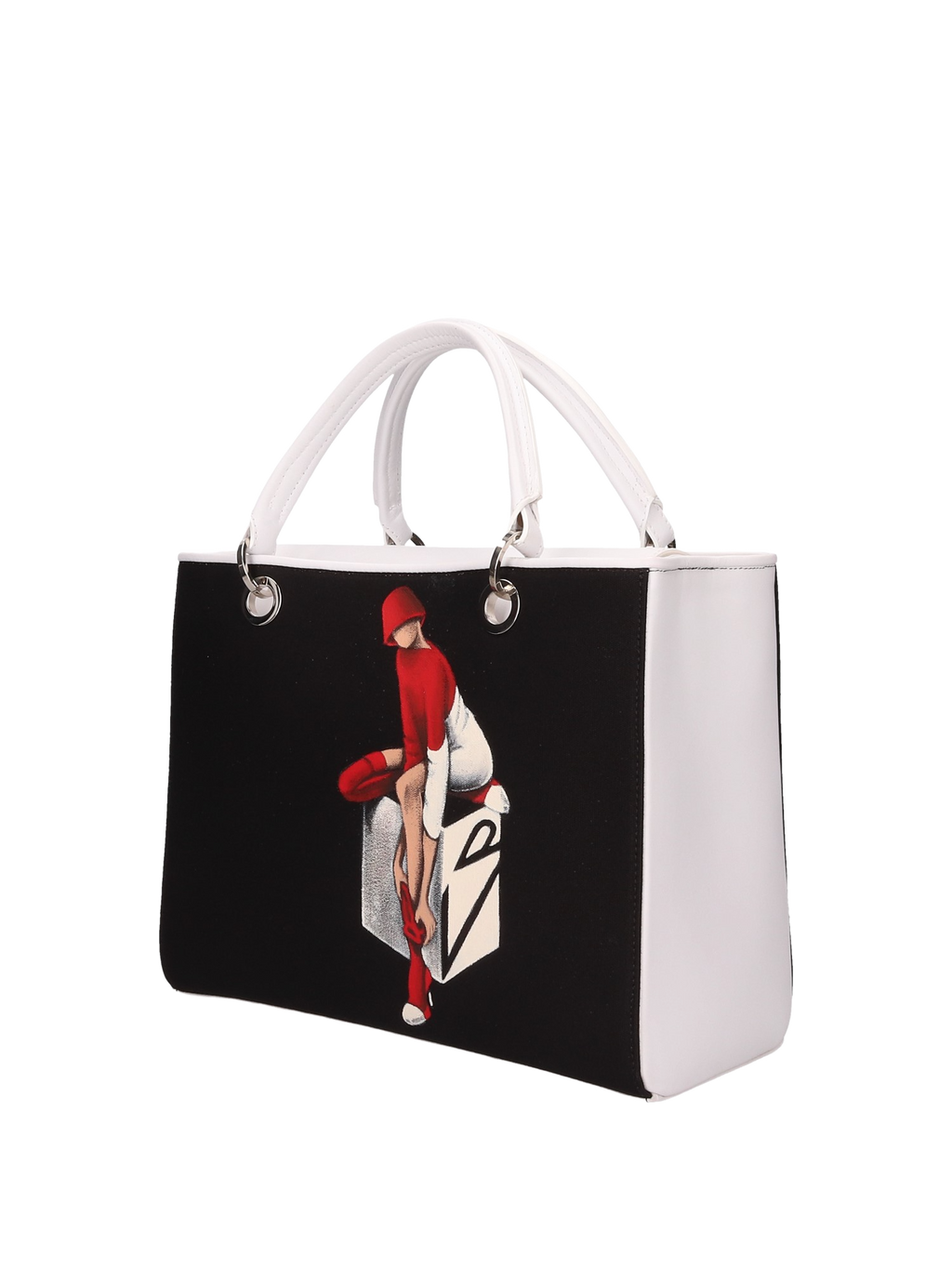 Hand-painted handbag with artwork on both front and back, red cotton logoed interior featuring four functional pockets, nickel-colored hooks and internal zip, double white leather handle, and a matching hand-painted leather and canvas shoulder strap reflecting the theme of the main painting, secured with a magnetic button closure.