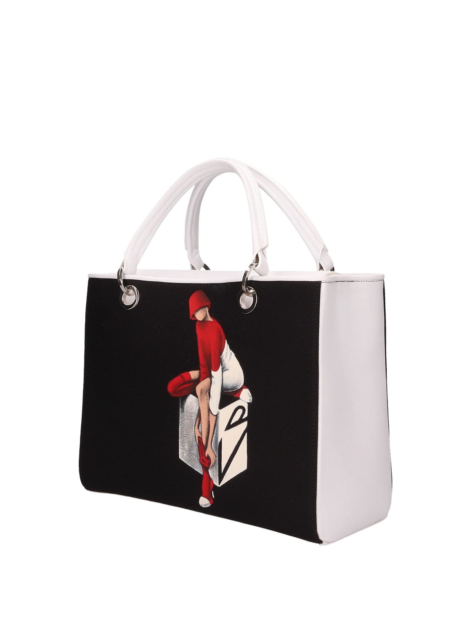 Hand-painted handbag with artwork on both front and back, red cotton logoed interior featuring four functional pockets, nickel-colored hooks and internal zip, double white leather handle, and a matching hand-painted leather and canvas shoulder strap reflecting the theme of the main painting, secured with a magnetic button closure.