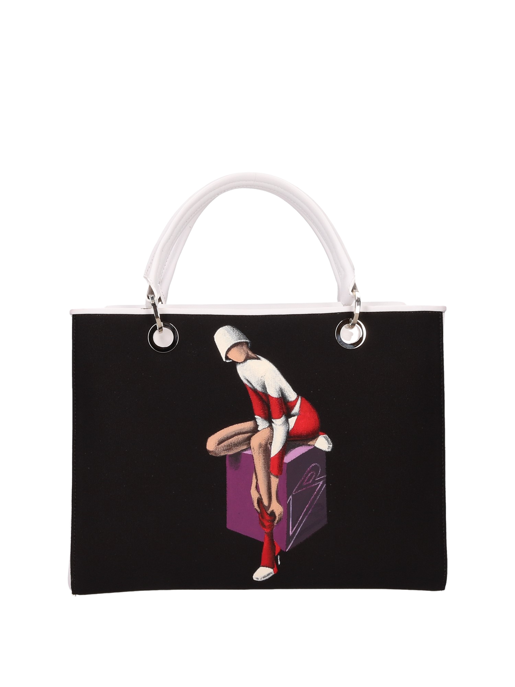 Hand-painted handbag with artwork on both front and back, red cotton logoed interior featuring four functional pockets, nickel-colored hooks and internal zip, double white leather handle, and a matching hand-painted leather and canvas shoulder strap reflecting the theme of the main painting, secured with a magnetic button closure.