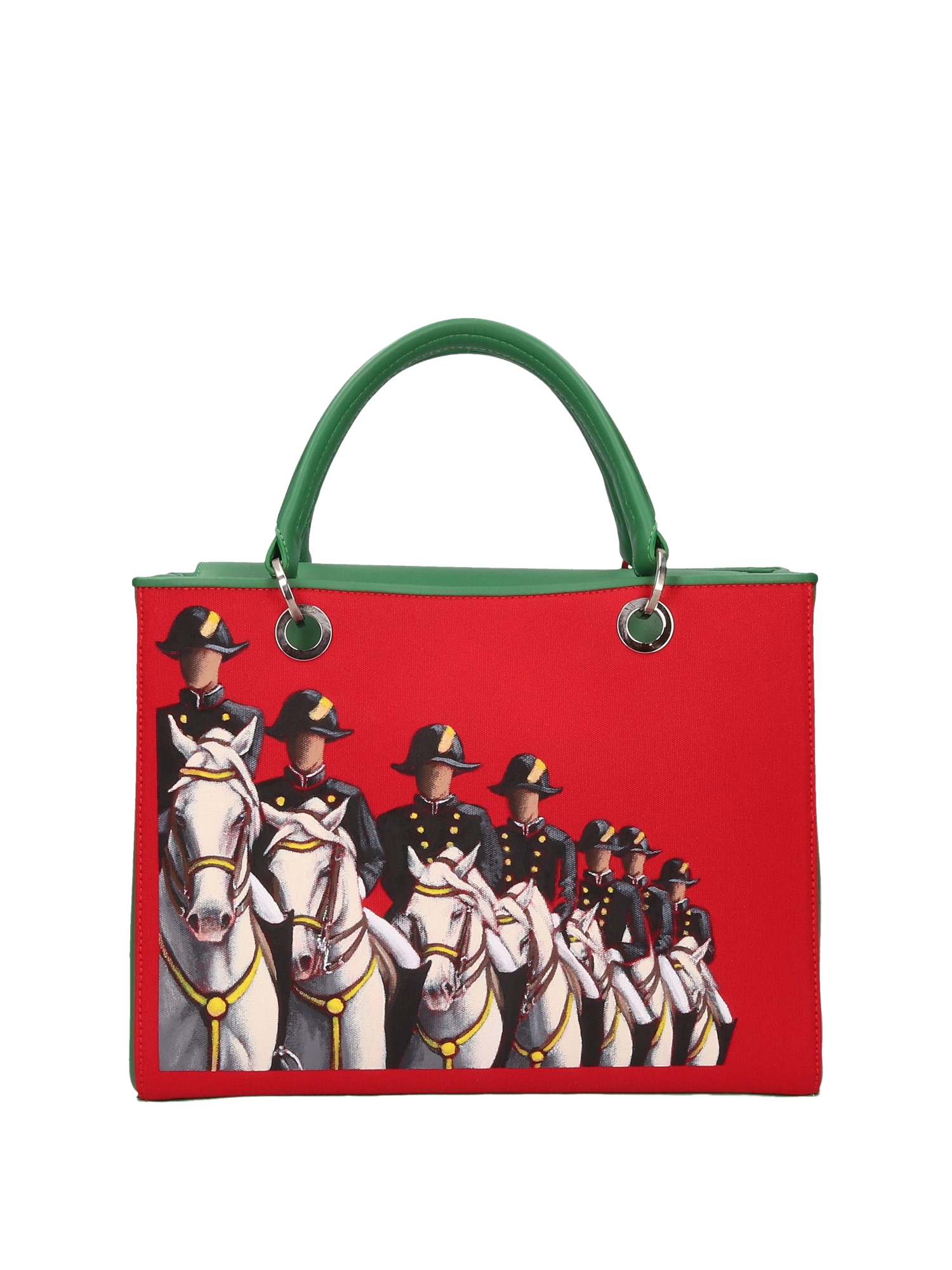 Hand-painted handbag with artwork on both front and back, red cotton logoed interior featuring four functional pockets, nickel-colored hooks and internal zip, double green leather handle, and a matching hand-painted leather and canvas shoulder strap reflecting the theme of the main painting, secured with magnetic button closure.