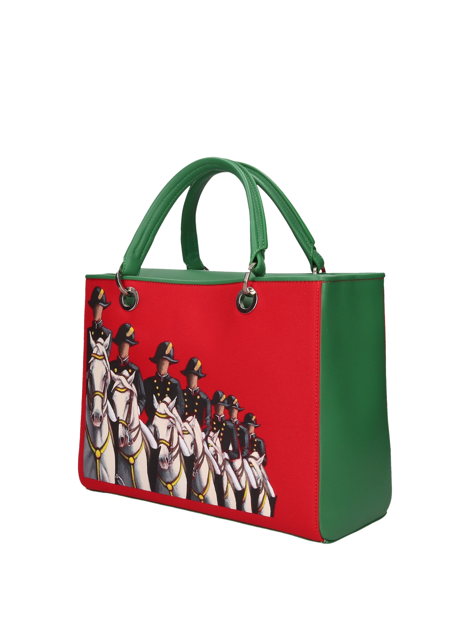Hand-painted handbag with artwork on both front and back, red cotton logoed interior featuring four functional pockets, nickel-colored hooks and internal zip, double green leather handle, and a matching hand-painted leather and canvas shoulder strap reflecting the theme of the main painting, secured with magnetic button closure.