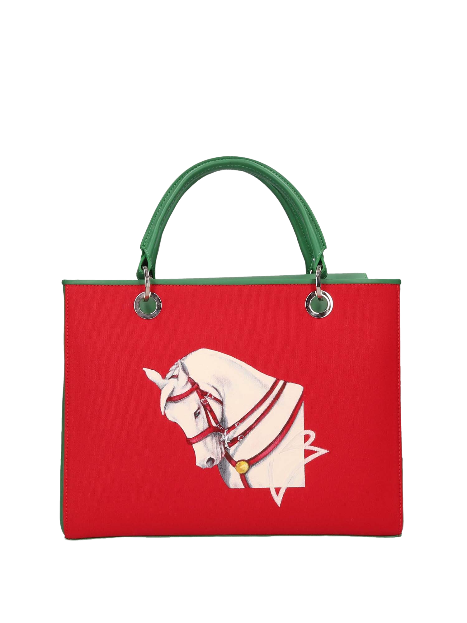 Hand-painted handbag with artwork on both front and back, red cotton logoed interior featuring four functional pockets, nickel-colored hooks and internal zip, double green leather handle, and a matching hand-painted leather and canvas shoulder strap reflecting the theme of the main painting, secured with magnetic button closure.