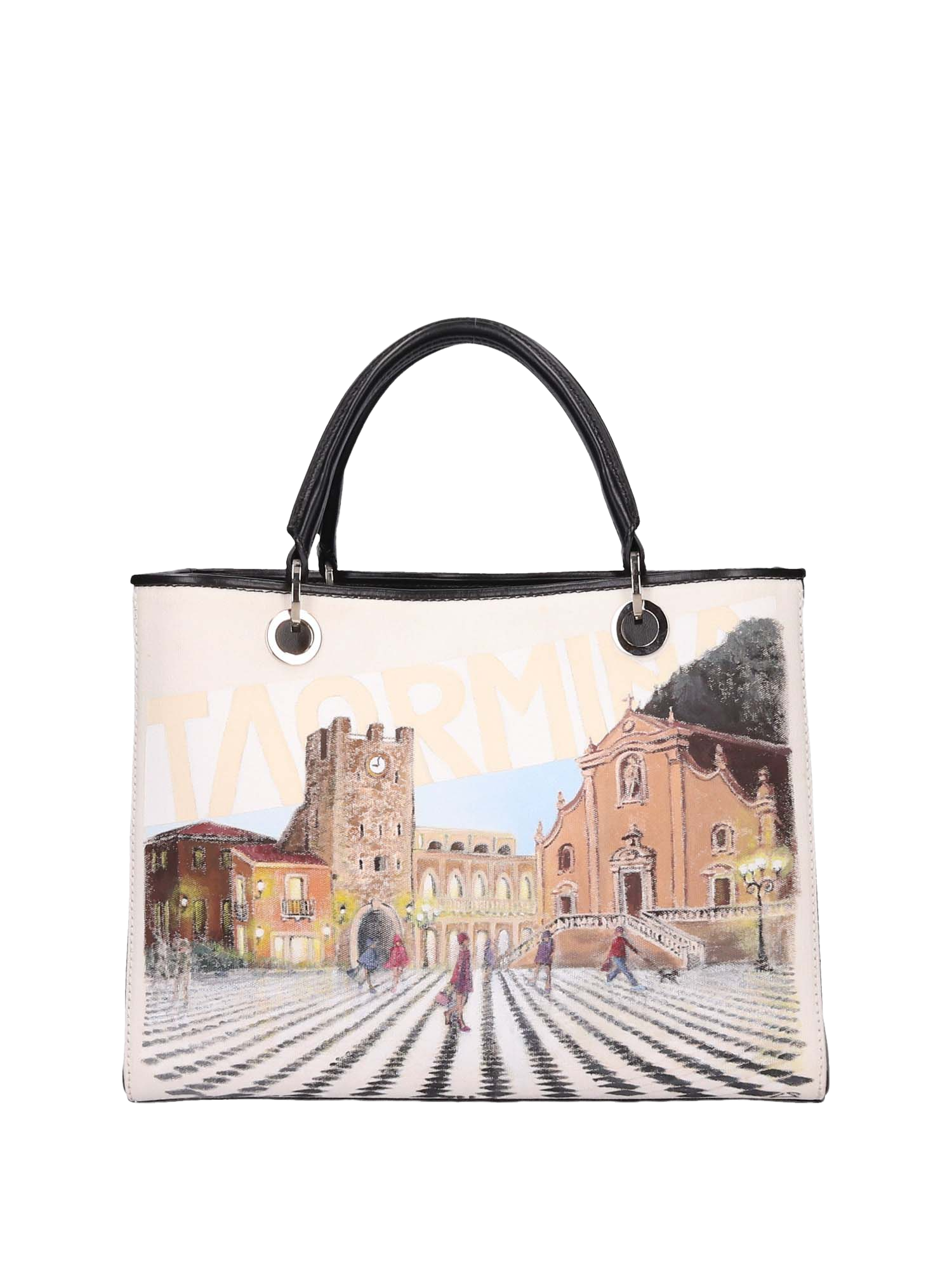 Hand-painted handbag with artwork on both front and back, red cotton logoed interior with four functional pockets, nickel-colored hooks and internal zip, double black leather handle, and a matching hand-painted leather and canvas shoulder strap reflecting the main artwork’s theme, secured with magnetic button closure.