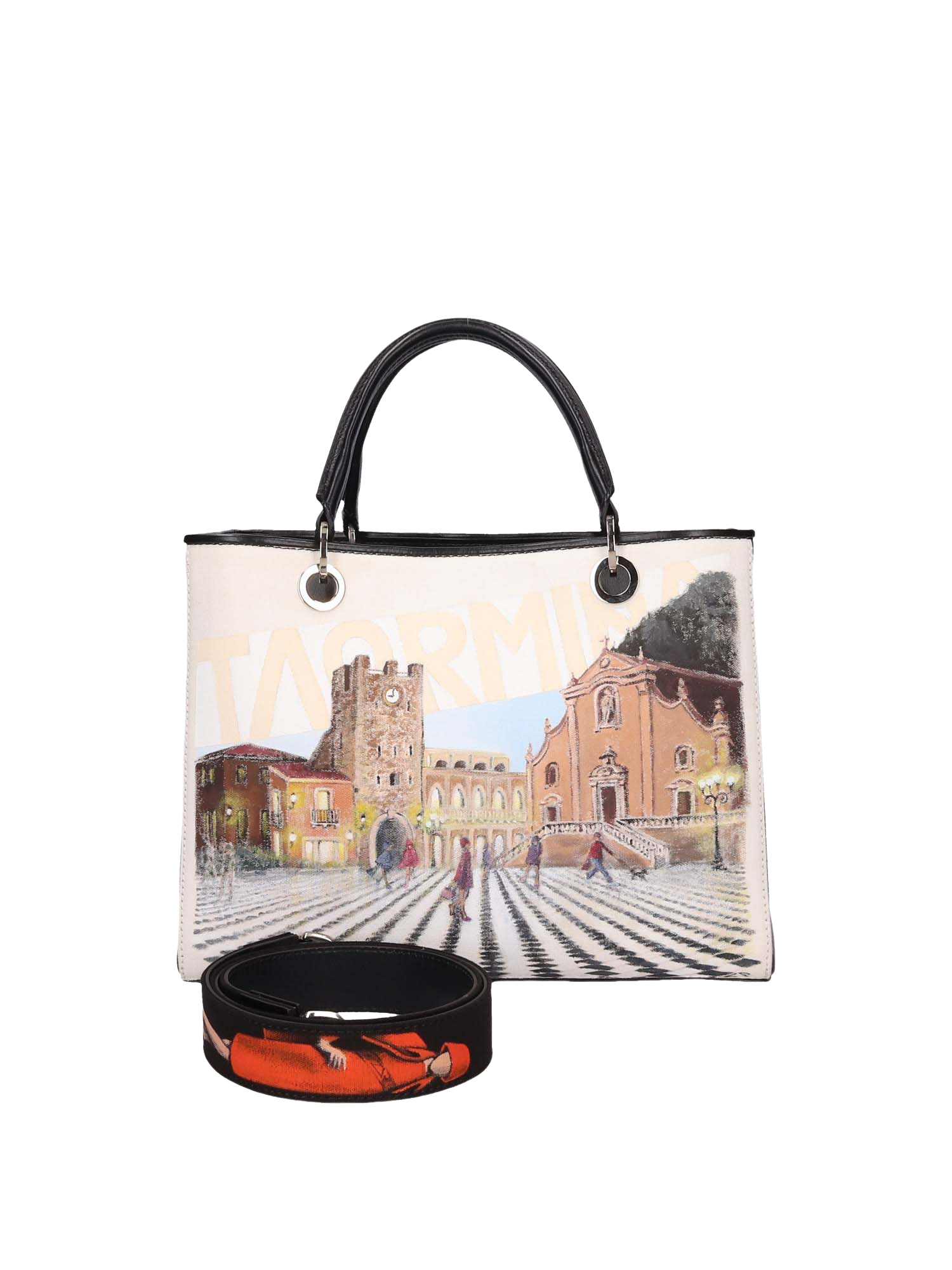 Hand-painted handbag with artwork on both front and back, red cotton logoed interior with four functional pockets, nickel-colored hooks and internal zip, double black leather handle, and a matching hand-painted leather and canvas shoulder strap reflecting the main artwork’s theme, secured with magnetic button closure.