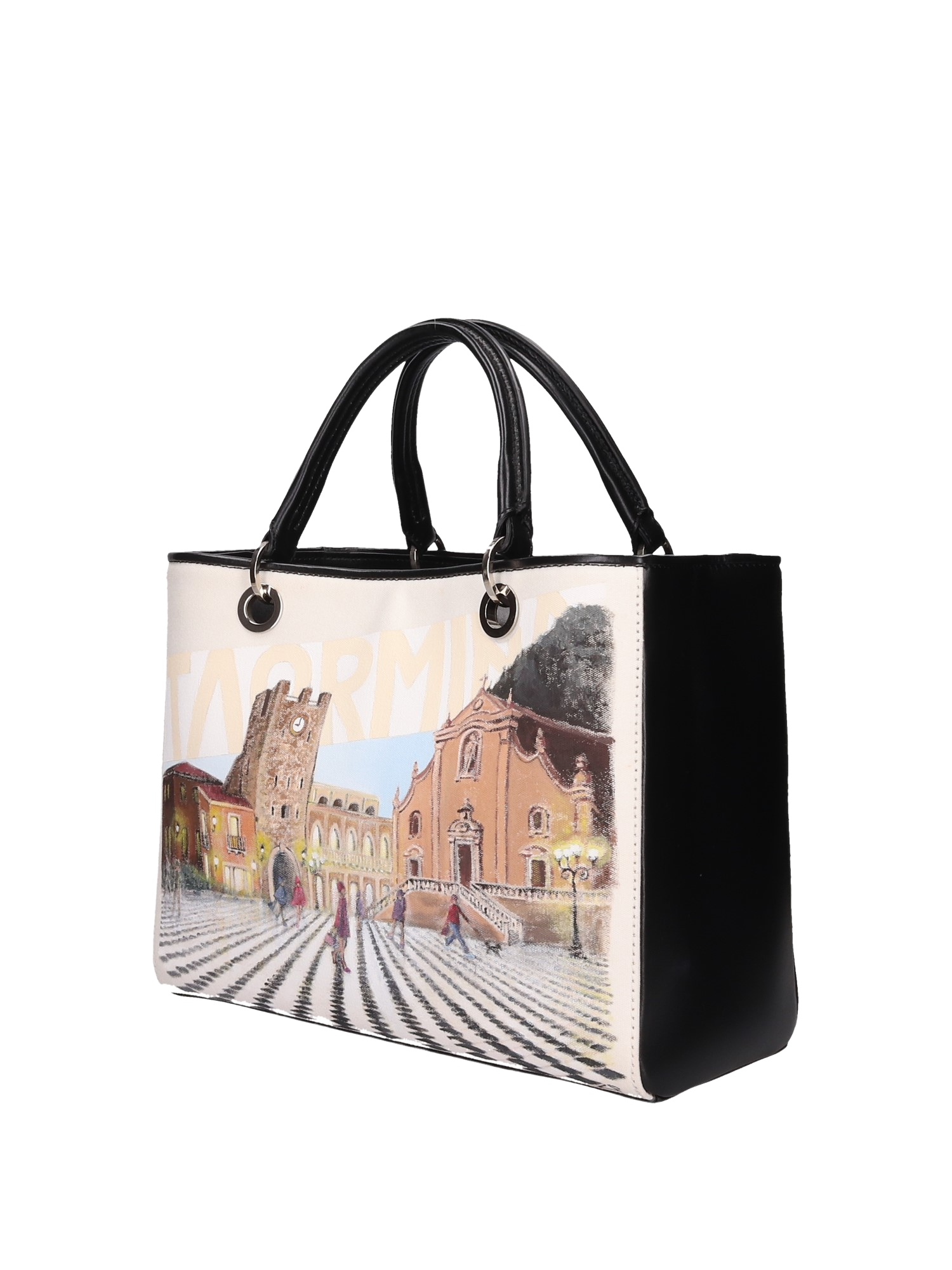 Hand-painted handbag with artwork on both front and back, red cotton logoed interior with four functional pockets, nickel-colored hooks and internal zip, double black leather handle, and a matching hand-painted leather and canvas shoulder strap reflecting the main artwork’s theme, secured with magnetic button closure.