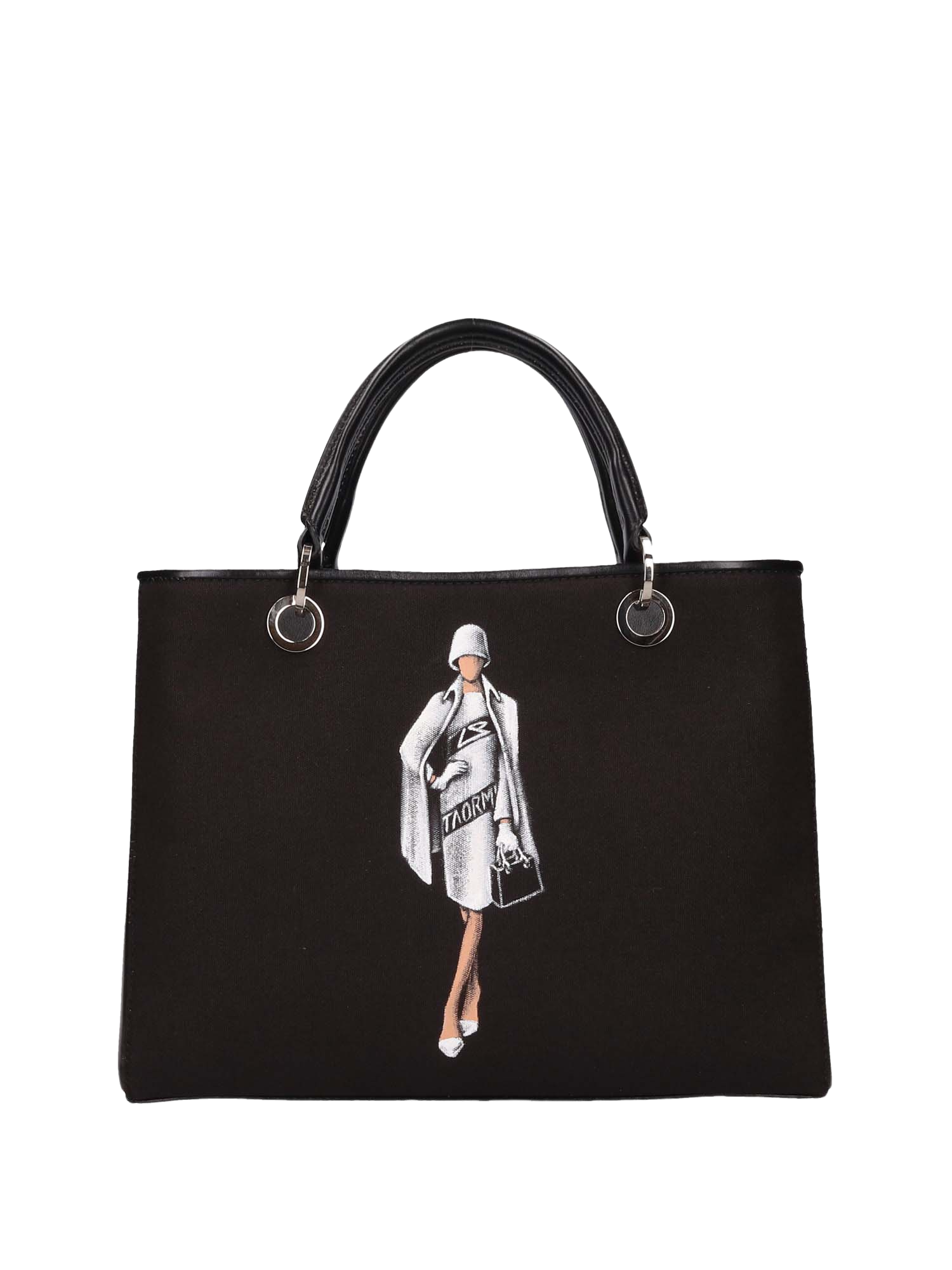Hand-painted handbag with artwork on both front and back, red cotton logoed interior with four functional pockets, nickel-colored hooks and internal zip, double black leather handle, and a matching hand-painted leather and canvas shoulder strap reflecting the main artwork’s theme, secured with magnetic button closure.