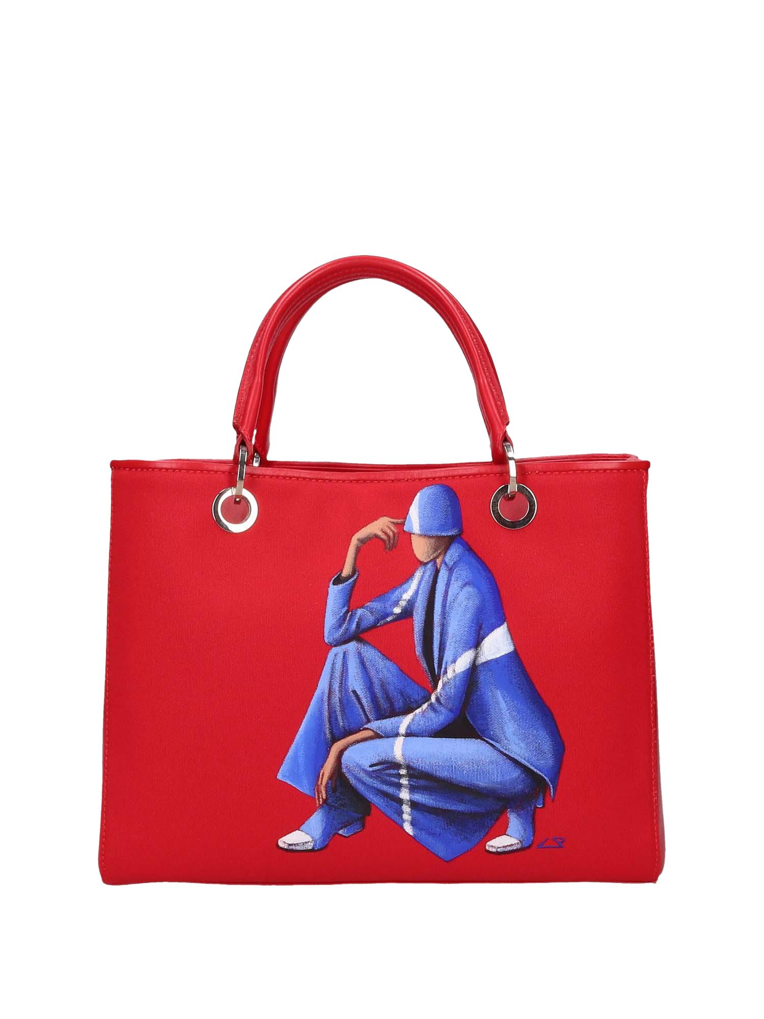 Hand-painted handbag with artwork on both front and back, featuring a red cotton logoed interior with four functional pockets, nickel-colored hooks and internal zip, double red leather handle, and a matching hand-painted leather and canvas shoulder strap echoing the main painting’s theme, secured with a magnetic button closure.
