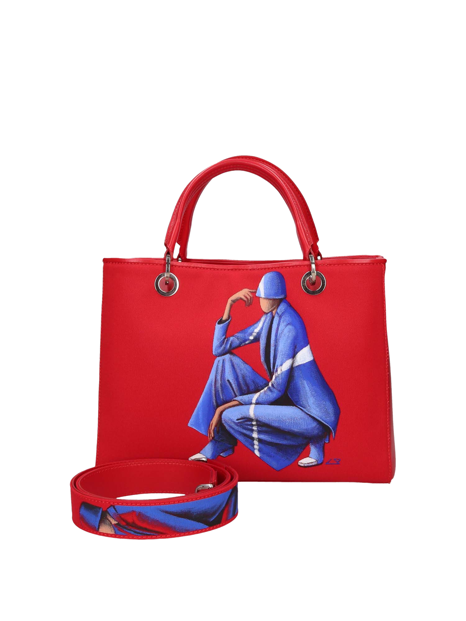 Hand-painted handbag with artwork on both front and back, featuring a red cotton logoed interior with four functional pockets, nickel-colored hooks and internal zip, double red leather handle, and a matching hand-painted leather and canvas shoulder strap echoing the main painting’s theme, secured with a magnetic button closure.