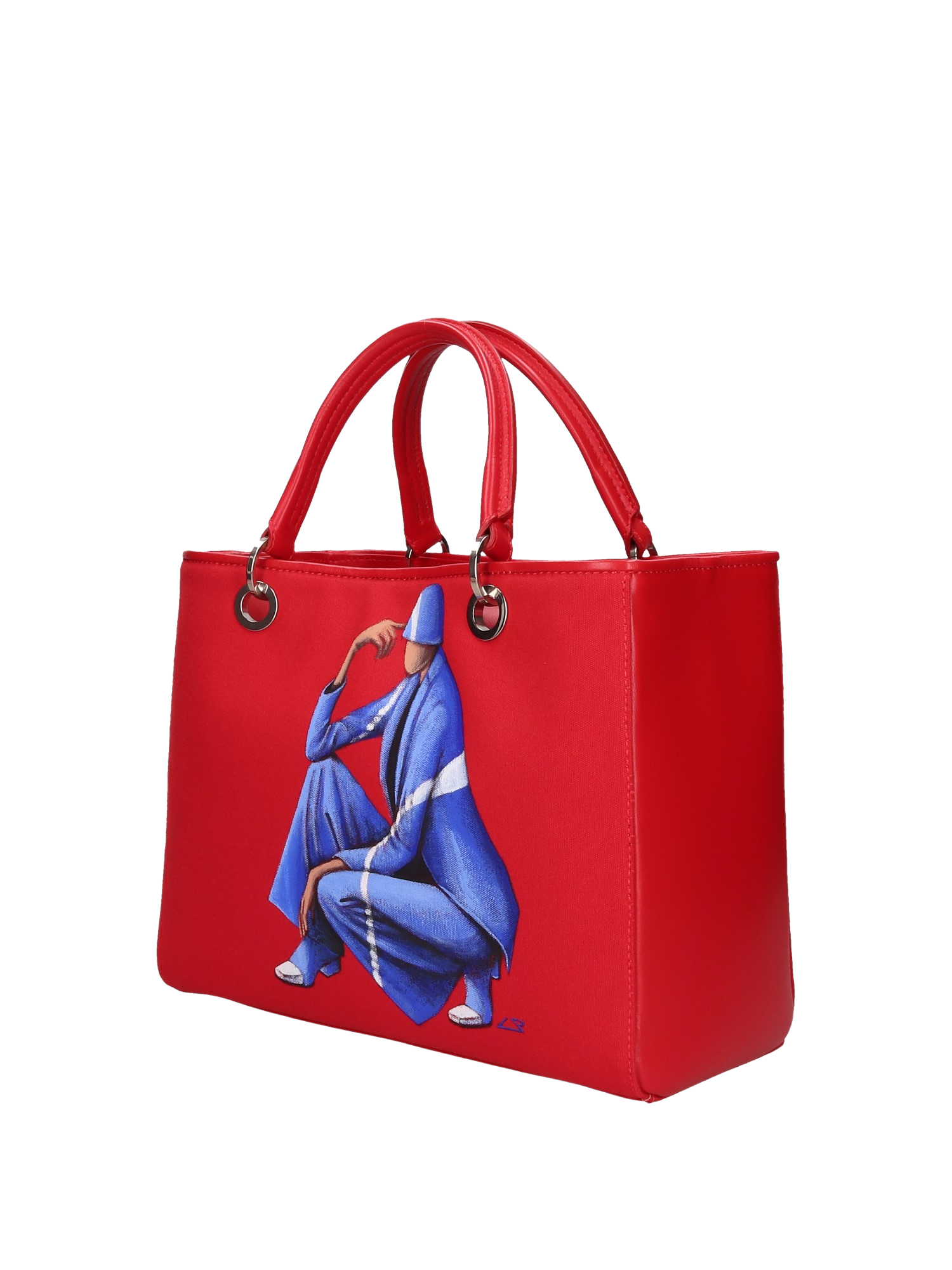 Hand-painted handbag with artwork on both front and back, featuring a red cotton logoed interior with four functional pockets, nickel-colored hooks and internal zip, double red leather handle, and a matching hand-painted leather and canvas shoulder strap echoing the main painting’s theme, secured with a magnetic button closure.