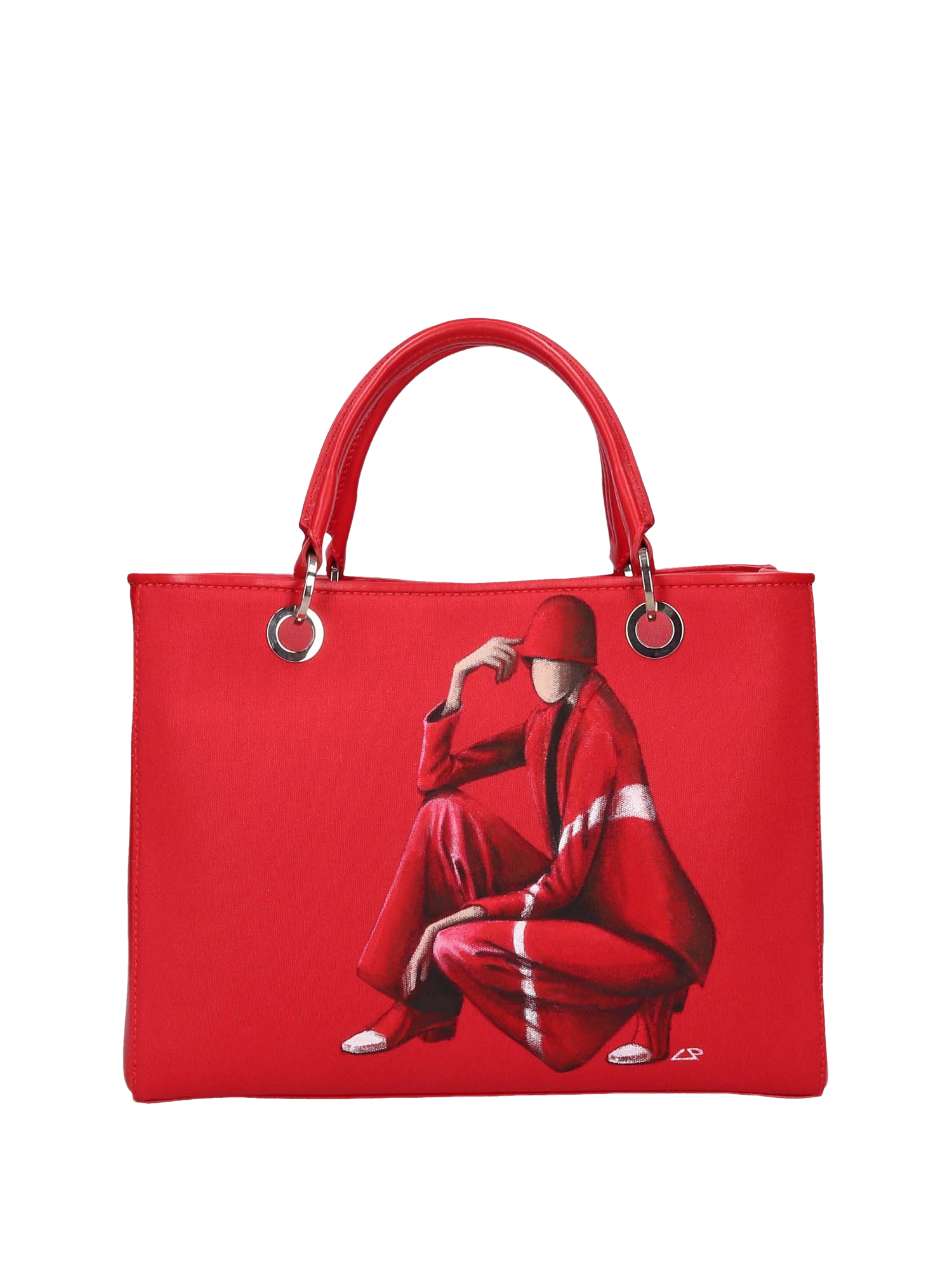 Hand-painted handbag with artwork on both front and back, featuring a red cotton logoed interior with four functional pockets, nickel-colored hooks and internal zip, double red leather handle, and a matching hand-painted leather and canvas shoulder strap echoing the main painting’s theme, secured with a magnetic button closure.