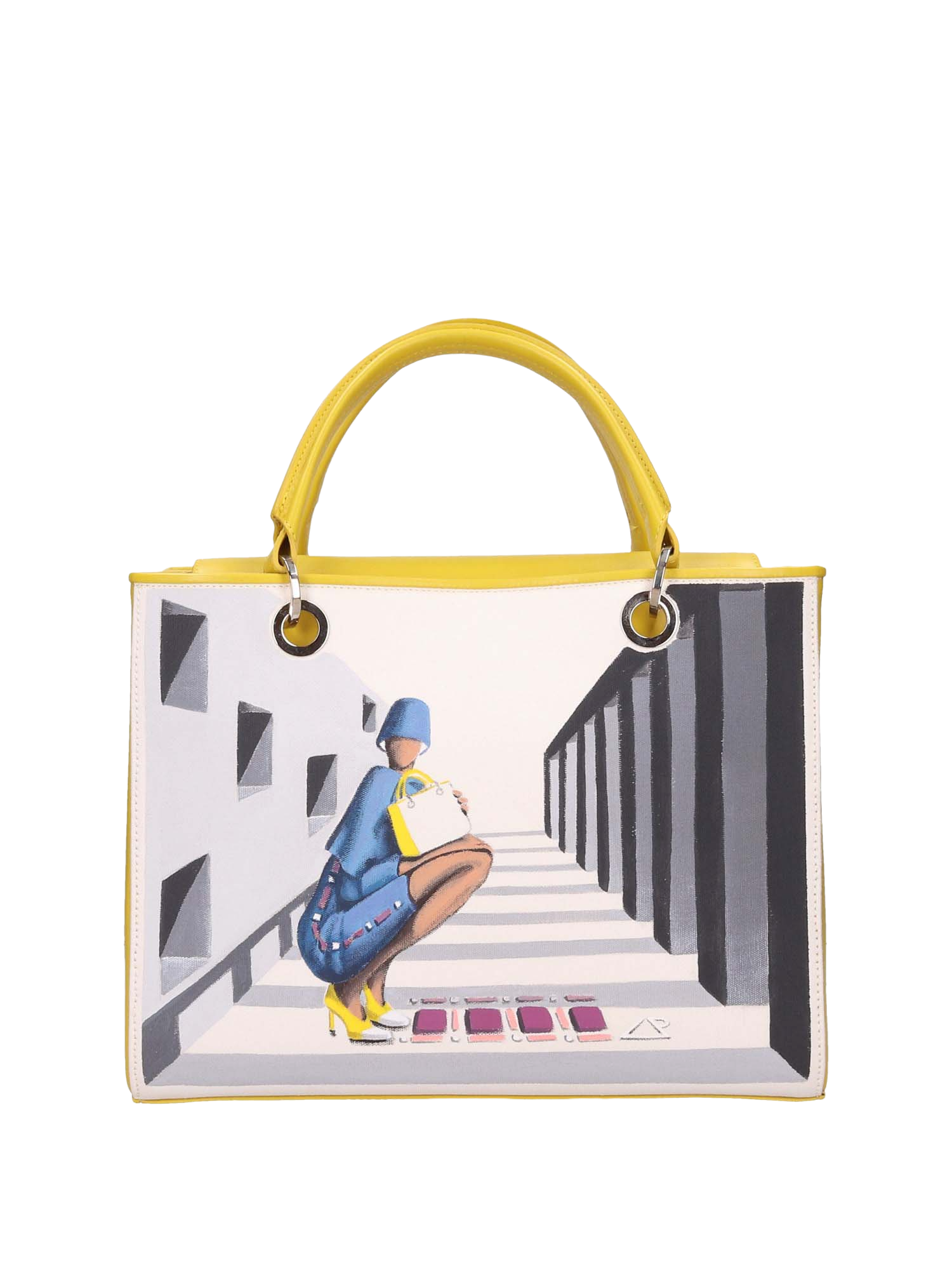 Hand-painted handbag with artwork on both front and back, red cotton logoed interior with four functional pockets, nickel-colored hooks and internal zip, double yellow leather handle, and a matching hand-painted leather and canvas shoulder strap reflecting the theme of the main painting, secured with a magnetic button closure.