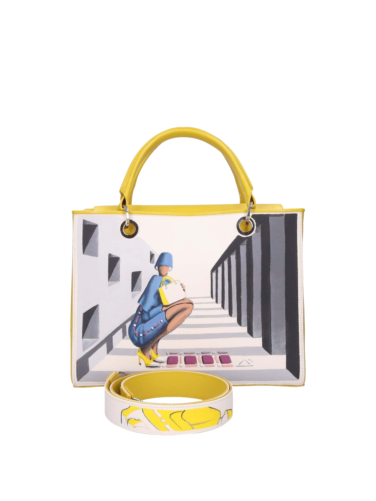Hand-painted handbag with artwork on both front and back, red cotton logoed interior with four functional pockets, nickel-colored hooks and internal zip, double yellow leather handle, and a matching hand-painted leather and canvas shoulder strap reflecting the theme of the main painting, secured with a magnetic button closure.