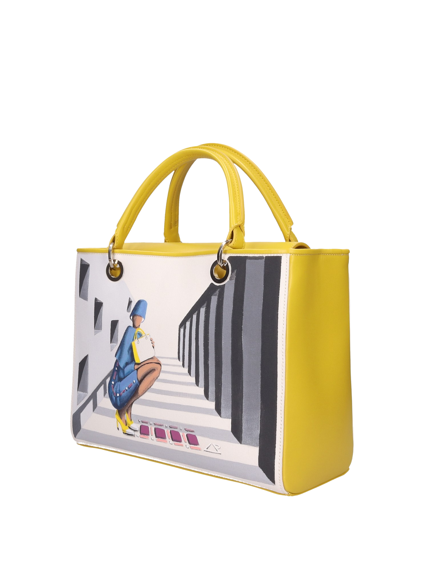 Hand-painted handbag with artwork on both front and back, red cotton logoed interior with four functional pockets, nickel-colored hooks and internal zip, double yellow leather handle, and a matching hand-painted leather and canvas shoulder strap reflecting the theme of the main painting, secured with a magnetic button closure.