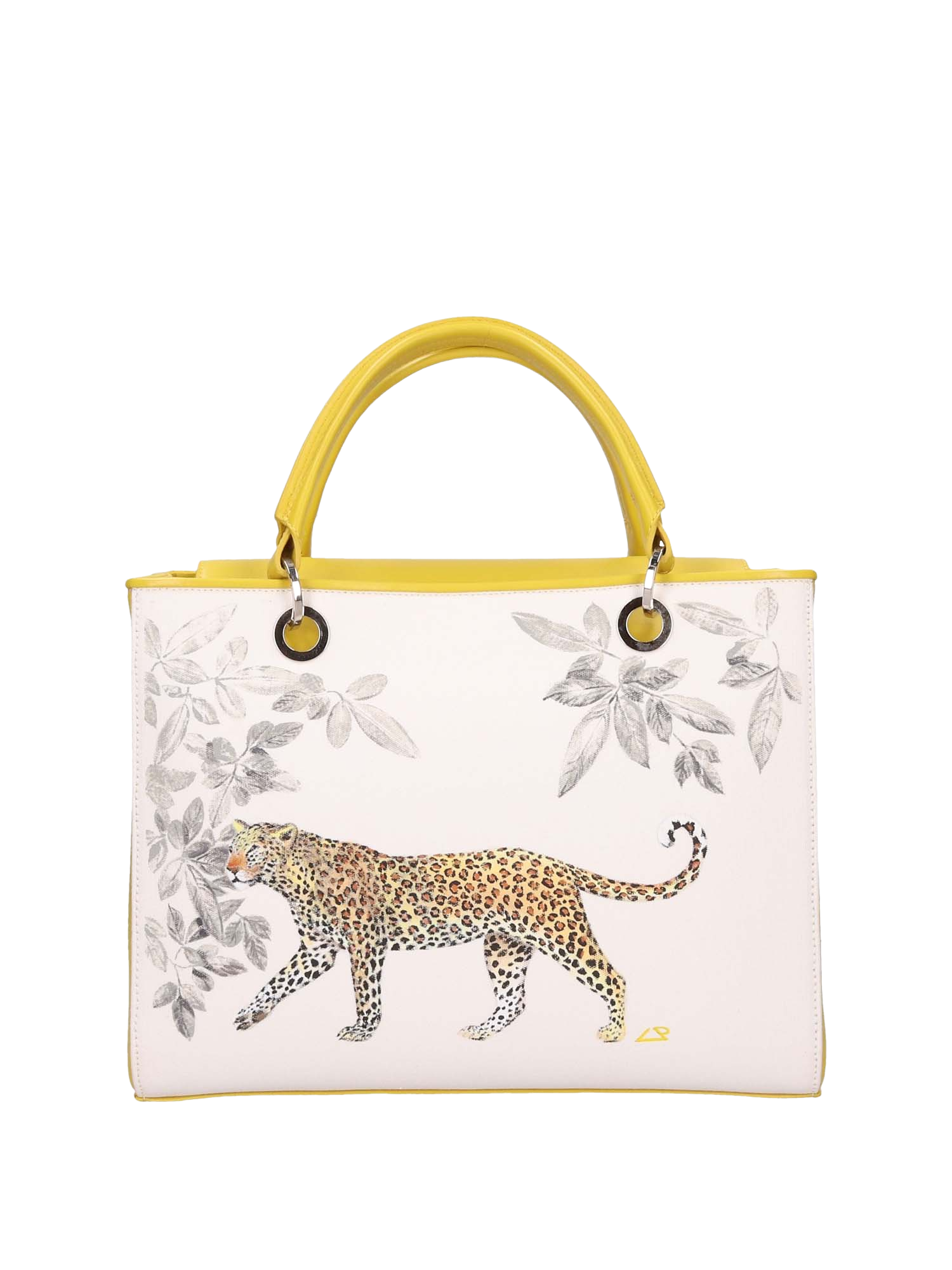 Hand-painted handbag with artwork on both front and back, red cotton logoed interior with four functional pockets, nickel-colored hooks and internal zip, double yellow leather handle, and a matching hand-painted leather and canvas shoulder strap reflecting the theme of the main painting, secured with a magnetic button closure.