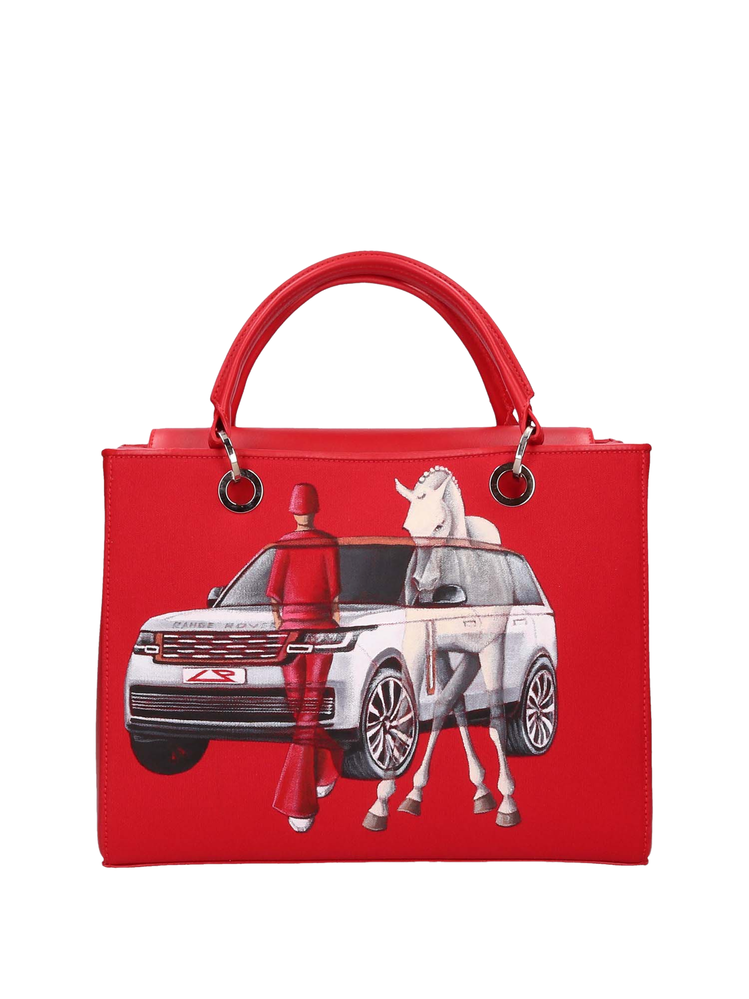 Hand-painted handbag with artwork on both front and back, featuring a red cotton logoed interior with four functional pockets, nickel-colored hooks and internal zip, double red leather handle, and a matching hand-painted leather and canvas shoulder strap reflecting the theme of the main painting, secured with a magnetic button closure.