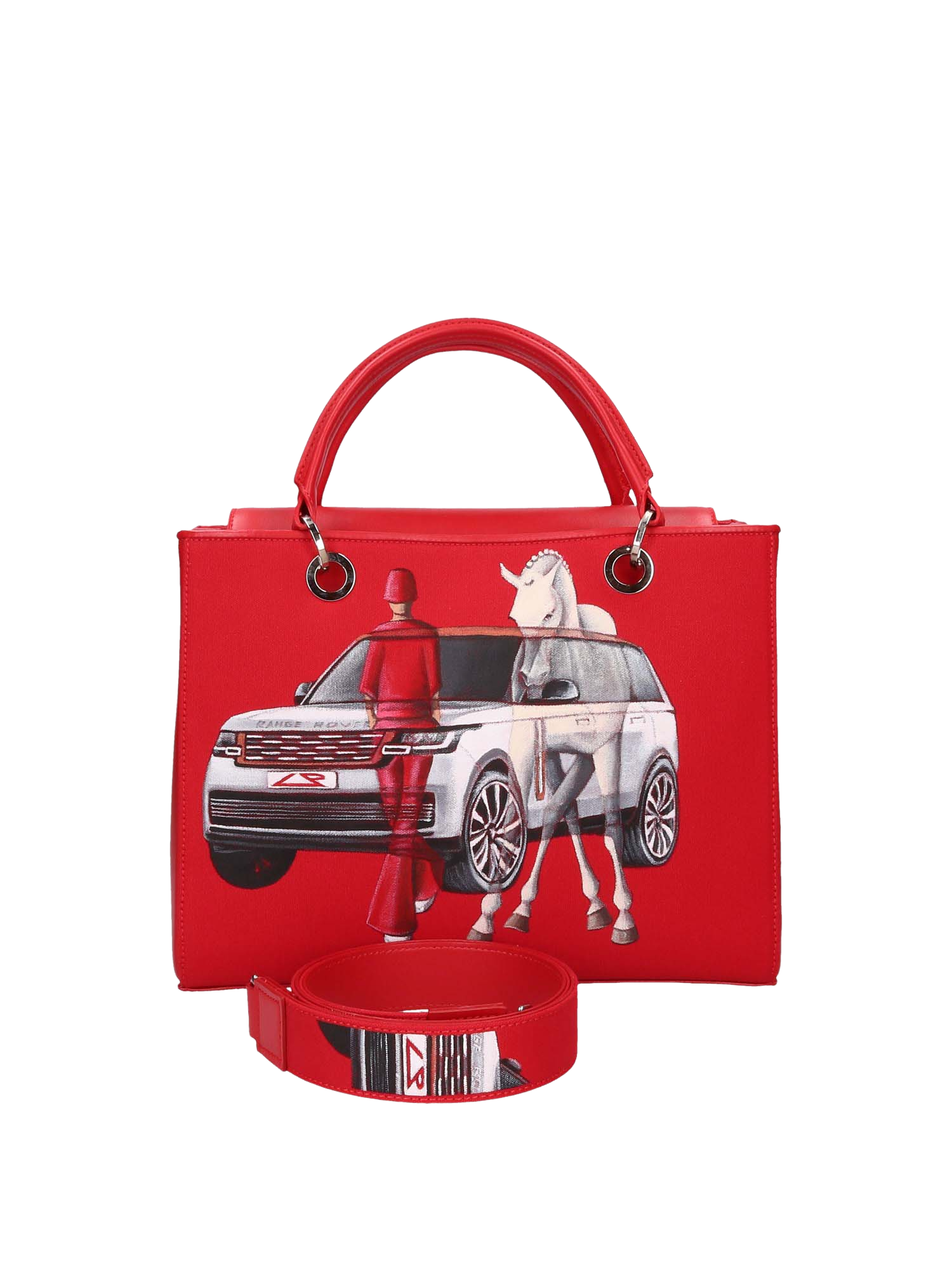 Hand-painted handbag with artwork on both front and back, featuring a red cotton logoed interior with four functional pockets, nickel-colored hooks and internal zip, double red leather handle, and a matching hand-painted leather and canvas shoulder strap reflecting the theme of the main painting, secured with a magnetic button closure.