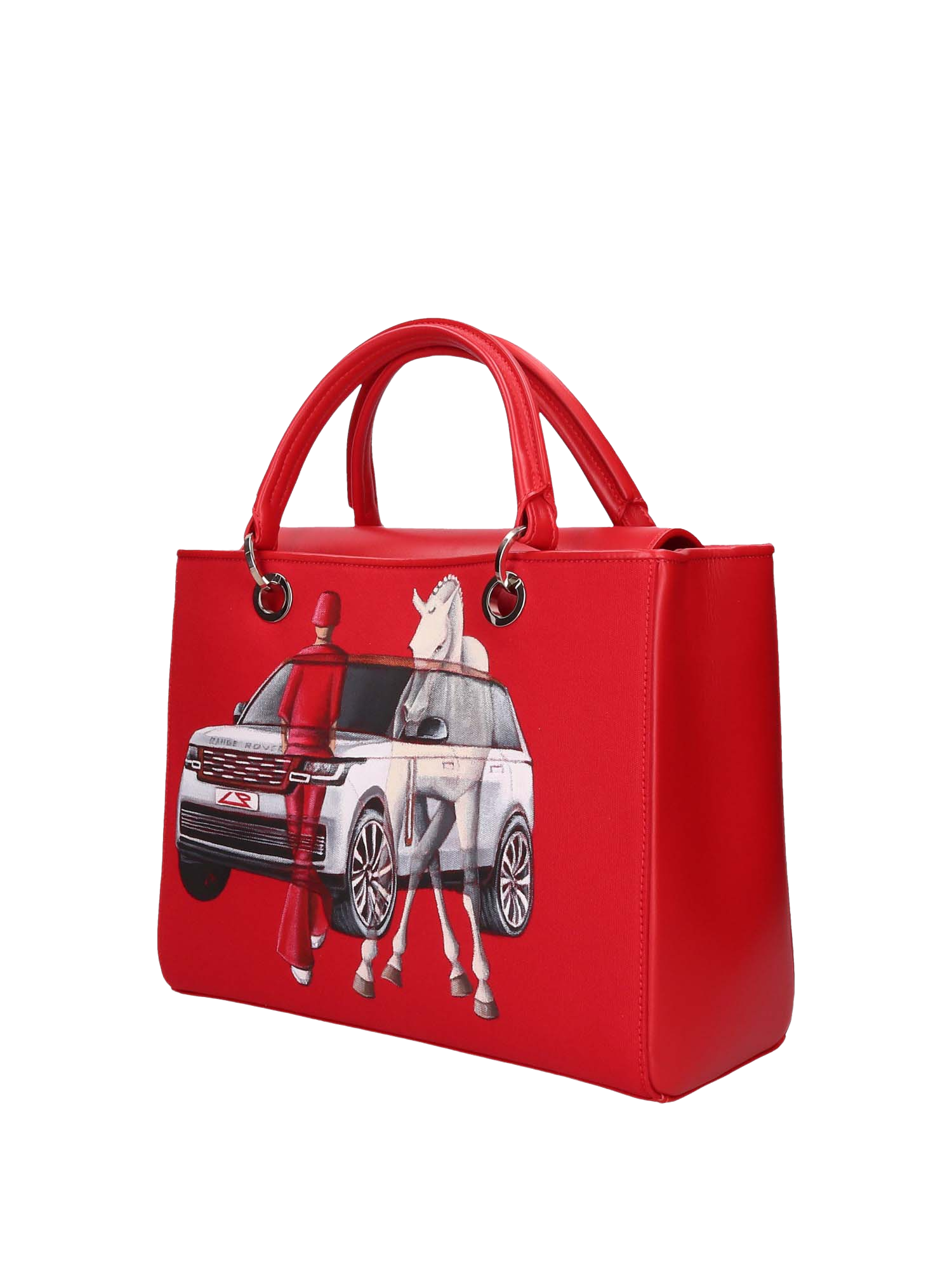 Hand-painted handbag with artwork on both front and back, featuring a red cotton logoed interior with four functional pockets, nickel-colored hooks and internal zip, double red leather handle, and a matching hand-painted leather and canvas shoulder strap reflecting the theme of the main painting, secured with a magnetic button closure.