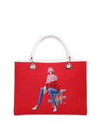 Hand-painted handbag with artwork on both front and back, red cotton logoed interior featuring four functional pockets, nickel-colored hooks and internal zip, double white leather handle, and a matching hand-painted leather and canvas shoulder strap reflecting the theme of the main painting, secured with a magnetic button closure.
