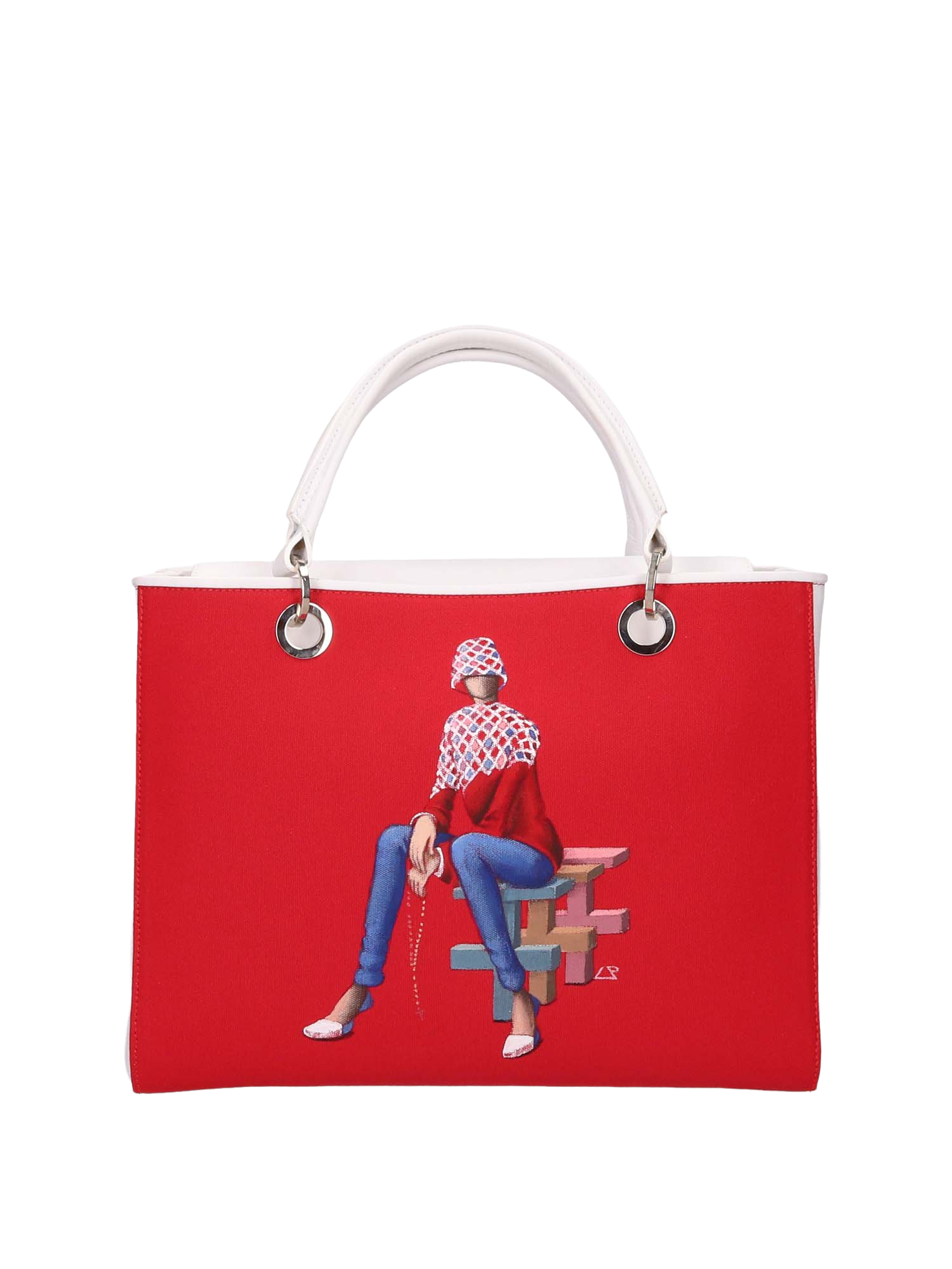 Hand-painted handbag with artwork on both front and back, red cotton logoed interior featuring four functional pockets, nickel-colored hooks and internal zip, double white leather handle, and a matching hand-painted leather and canvas shoulder strap reflecting the theme of the main painting, secured with a magnetic button closure.
