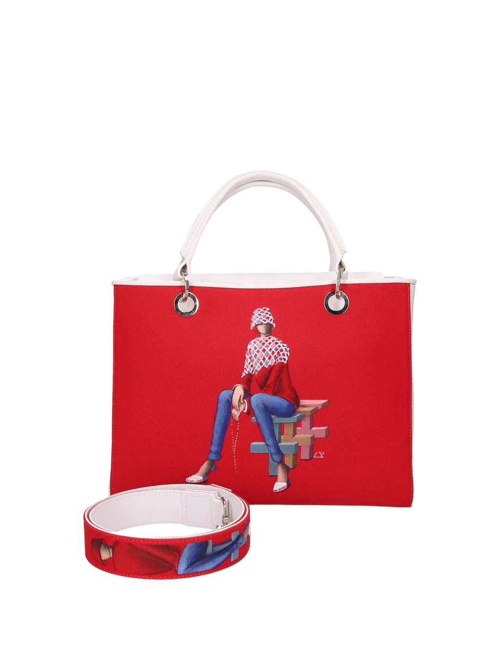 Hand-painted handbag with artwork on both front and back, red cotton logoed interior featuring four functional pockets, nickel-colored hooks and internal zip, double white leather handle, and a matching hand-painted leather and canvas shoulder strap reflecting the theme of the main painting, secured with a magnetic button closure.