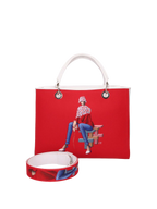 Hand-painted handbag with artwork on both front and back, red cotton logoed interior featuring four functional pockets, nickel-colored hooks and internal zip, double white leather handle, and a matching hand-painted leather and canvas shoulder strap reflecting the theme of the main painting, secured with a magnetic button closure.