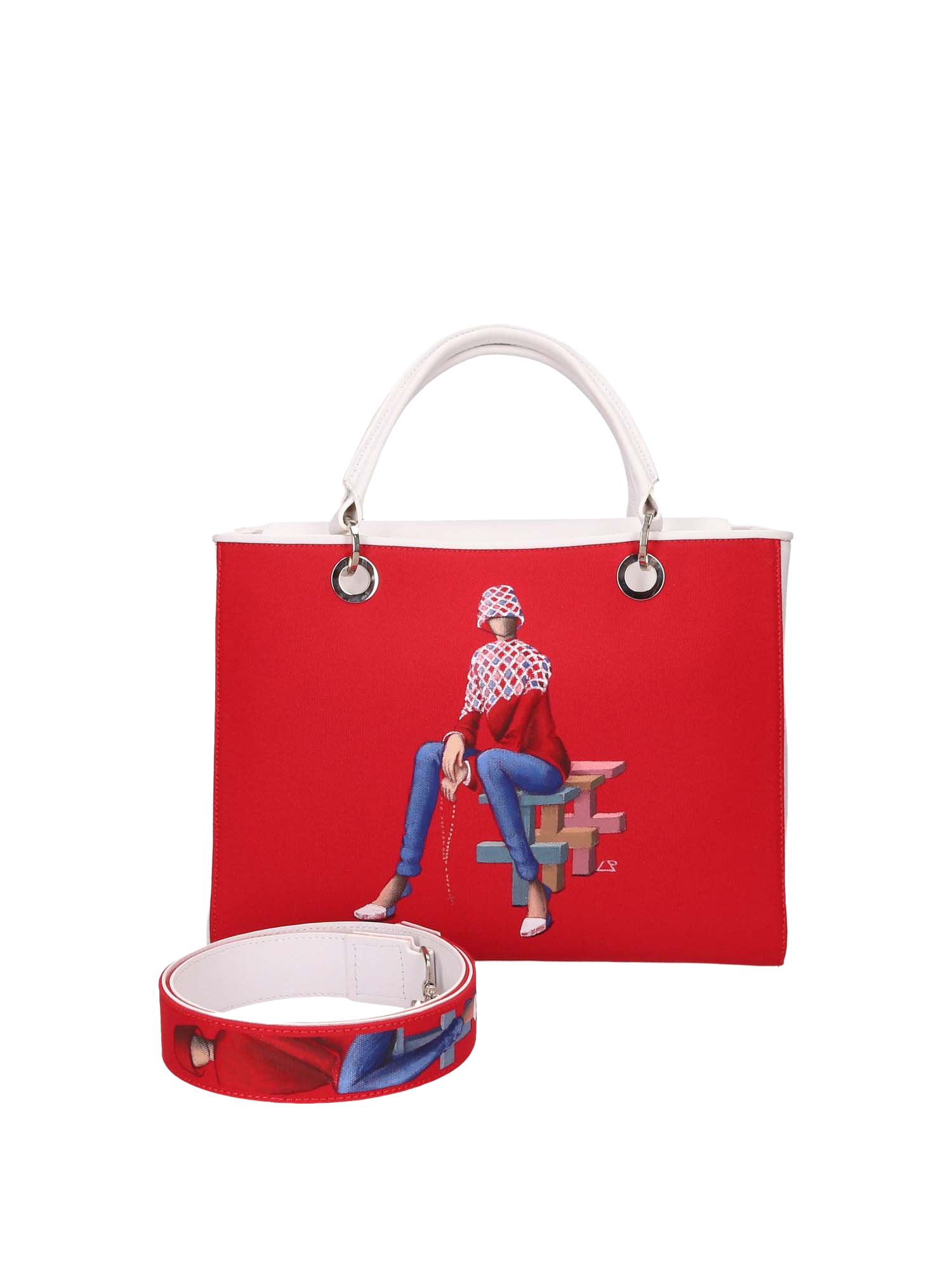 Hand-painted handbag with artwork on both front and back, red cotton logoed interior featuring four functional pockets, nickel-colored hooks and internal zip, double white leather handle, and a matching hand-painted leather and canvas shoulder strap reflecting the theme of the main painting, secured with a magnetic button closure.