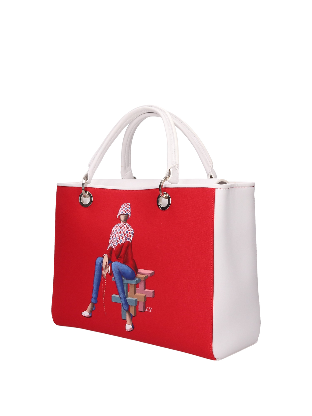 Hand-painted handbag with artwork on both front and back, red cotton logoed interior featuring four functional pockets, nickel-colored hooks and internal zip, double white leather handle, and a matching hand-painted leather and canvas shoulder strap reflecting the theme of the main painting, secured with a magnetic button closure.