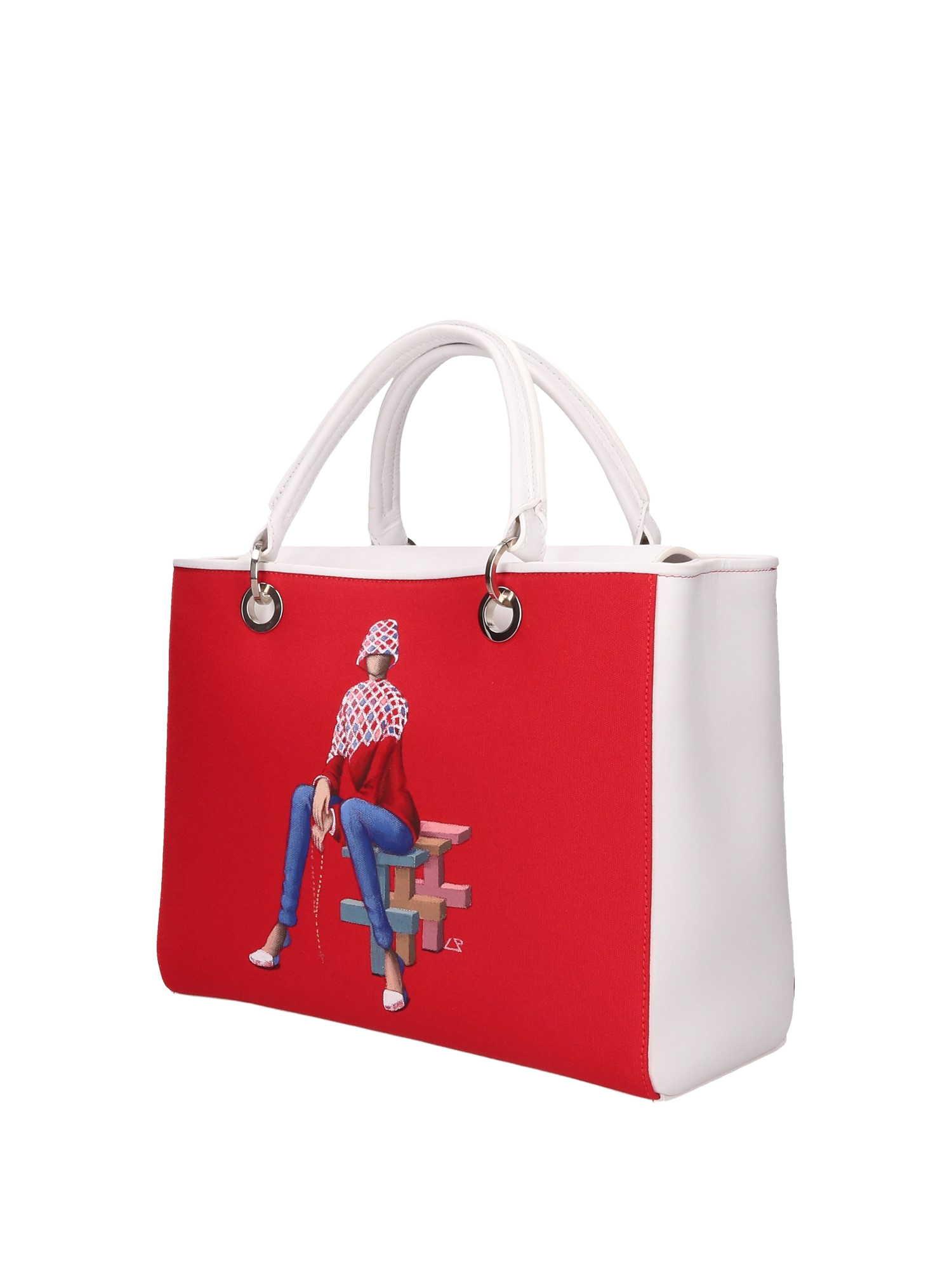 Hand-painted handbag with artwork on both front and back, red cotton logoed interior featuring four functional pockets, nickel-colored hooks and internal zip, double white leather handle, and a matching hand-painted leather and canvas shoulder strap reflecting the theme of the main painting, secured with a magnetic button closure.