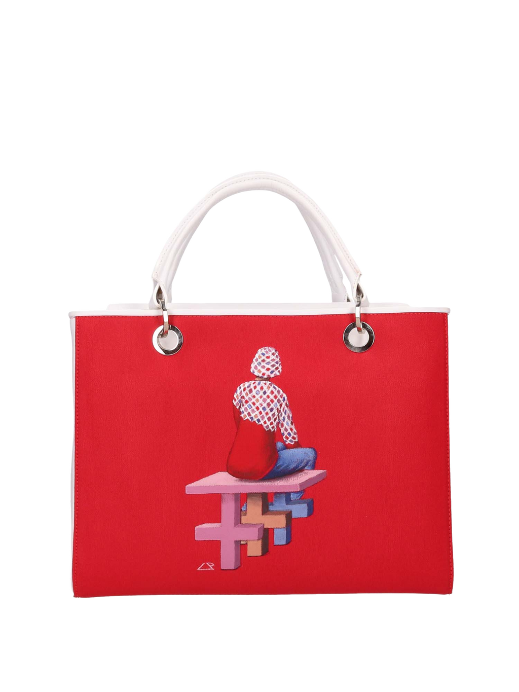 Hand-painted handbag with artwork on both front and back, red cotton logoed interior featuring four functional pockets, nickel-colored hooks and internal zip, double white leather handle, and a matching hand-painted leather and canvas shoulder strap reflecting the theme of the main painting, secured with a magnetic button closure.