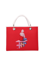 Hand-painted handbag with artwork on both front and back, red cotton logoed interior featuring four functional pockets, nickel-colored hooks and internal zip, double white leather handle, and a matching hand-painted leather and canvas shoulder strap reflecting the theme of the main painting, secured with a magnetic button closure.